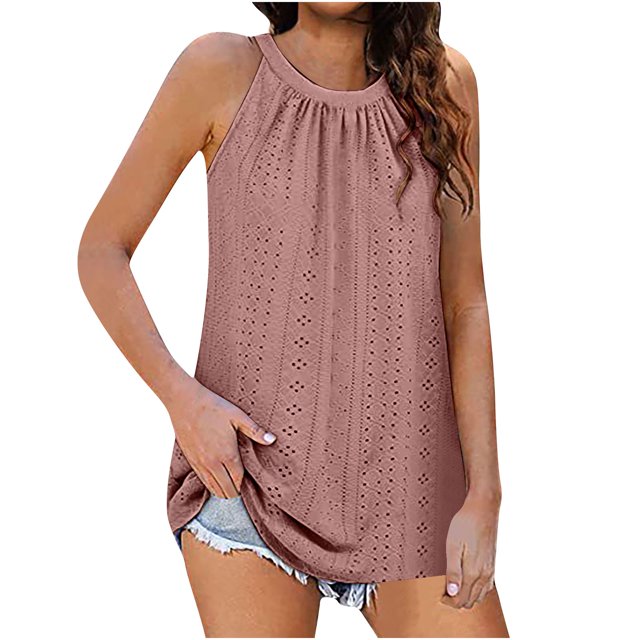 Timegard Camisole à Oeillets pour Femmes Col Rond Froncée Sans Manches Confortable Décontractée T-Shirts Été