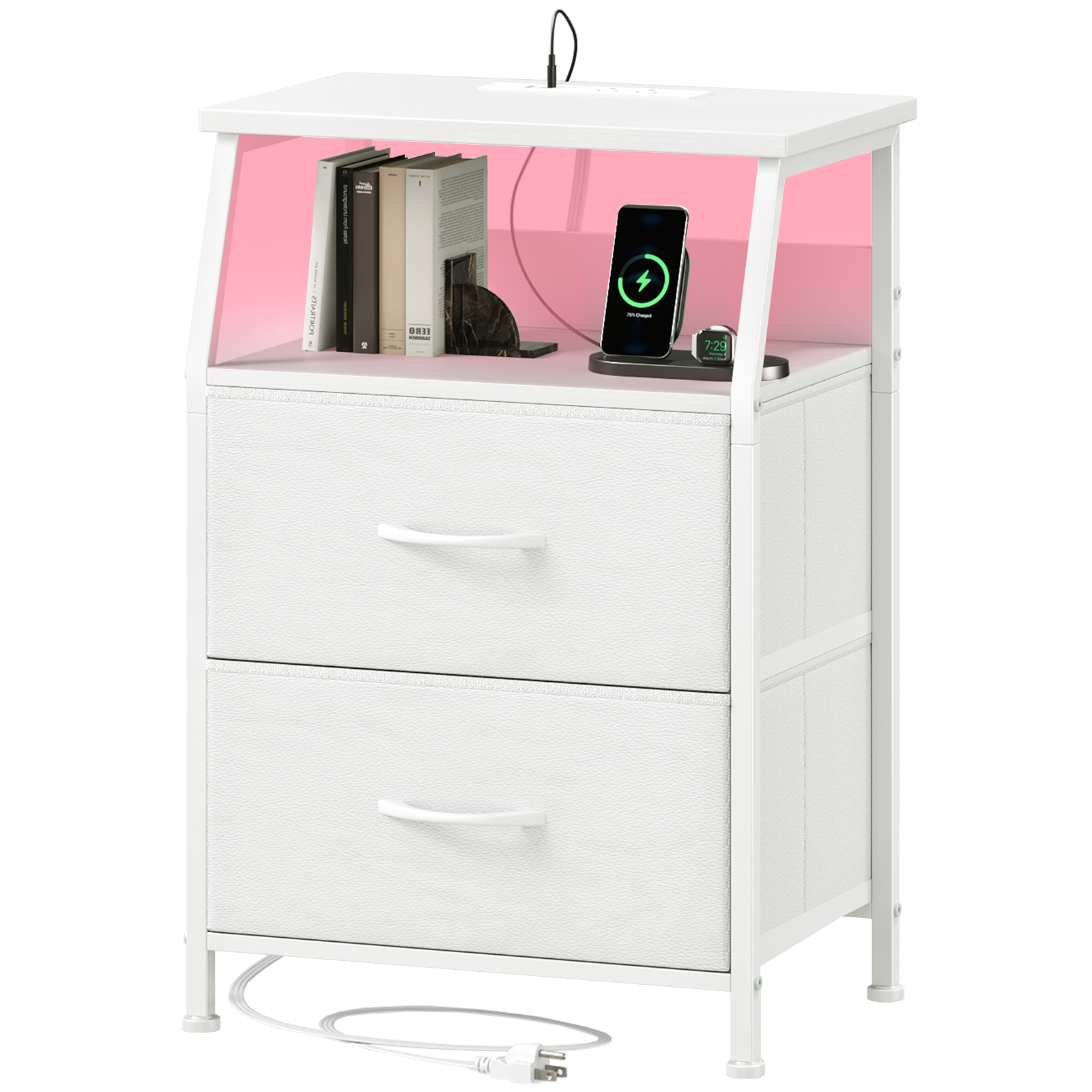 Eunos Petite Table de Chevet avec Station de Charge pour Chambre, Commode Blanche avec Étagères de Rangement