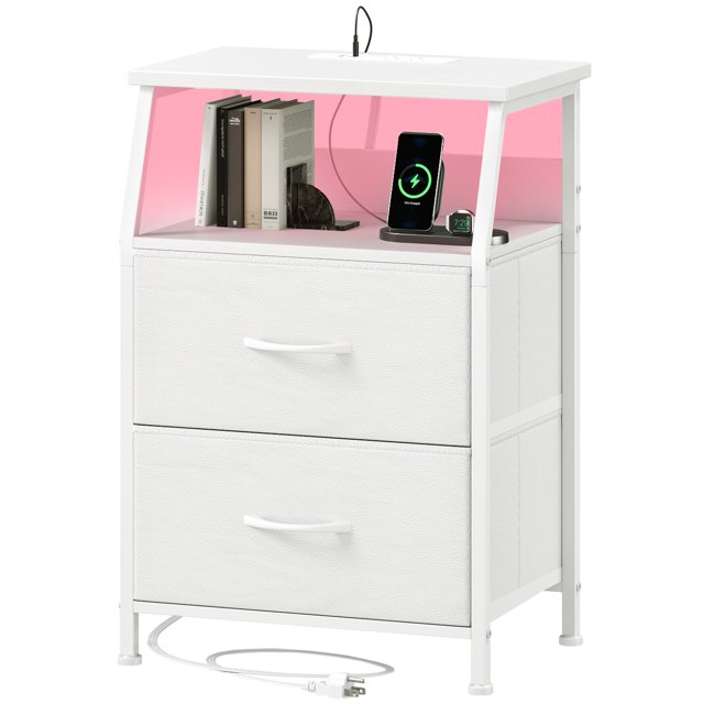 Eunos Petite Table de Chevet avec Station de Charge pour Chambre, Commode Blanche avec Étagères de Rangement