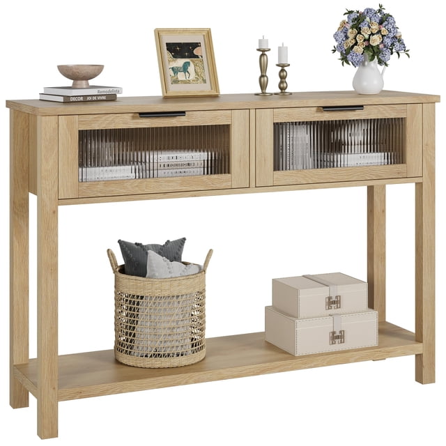 Yiwa 43-Inch Slim Console Table, Modern 2-Tier Sofa/Entryway Table with 2 Glass Storage Drawers for Living Room, Hallway & Foyer