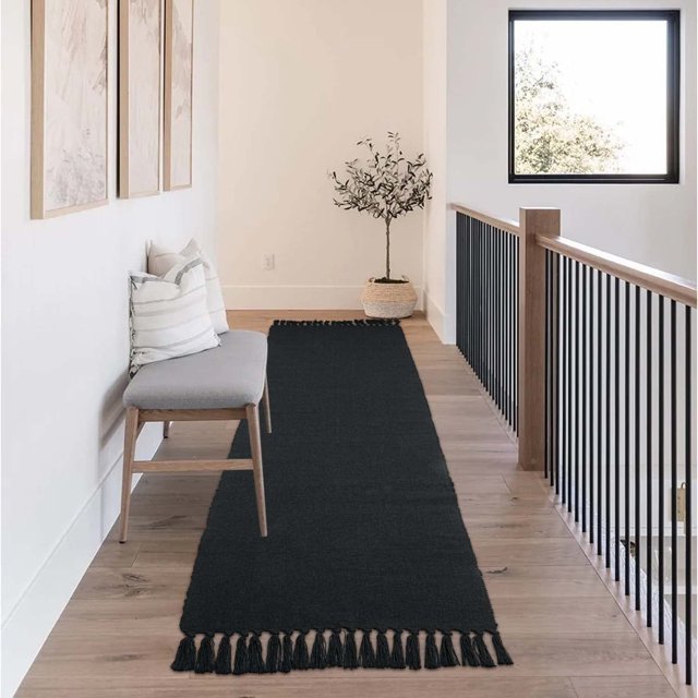 Seavish Long Hallway Runner Rug, 2x8 Black Kitchen Runner Rug Machine Washable Low-Pile Stair Carpet Runner Entryway Floor Rug Cotton Reversible Area Rug for Living Room Bedroom Patio Door Foyer