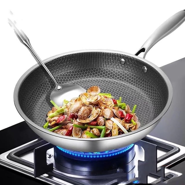 Kieccall Wok Pan Honeycomb Stainless Steel Cookware for Home Kitchen Stove and 3-Layer Steel Non-Stick Cooking