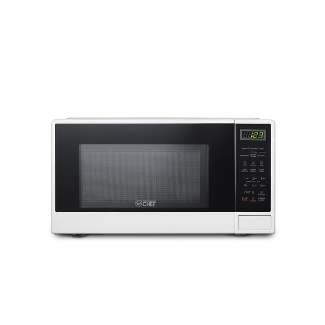White 1.1 cu ft countertop microwave oven with digital timer, push button control panel, and 10 power levels.