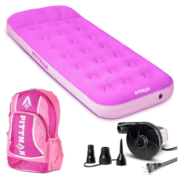 Pittman Outdoors Kids Air Mattress, 74" x 30" Inflatable Bed with Pump & Backpack, Pink