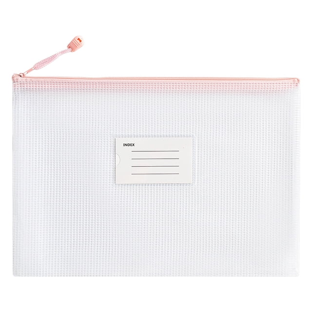 Exclusive Savings, Carestrong Mesh Zipper Bags, A4 document pouches for file organization made of durable PVC plastic in pink. The pouch features a translucent mesh design with a zipper closure and a rope hook for easy carrying. It measures 23x10.5 cm, suitable for organizing small items like documents, stationery, cosmetics, and receipts. Ideal for use in school, office, or home settings.