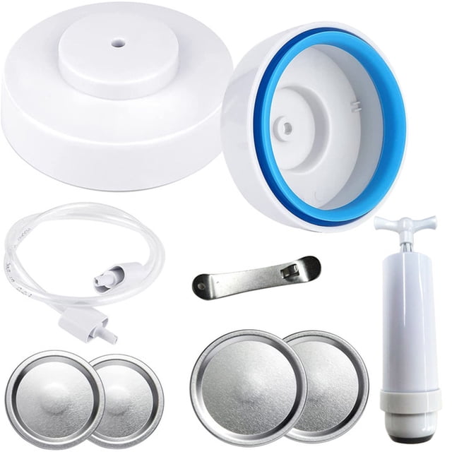 Bingirl Mason Jar Vacuum Sealer Kit with accessories, including a wide mouth sealer, regular mouth sealer, hose connector, manual vacuum pump, bottle opener, two wide mouth mason jar lids, and two regular mouth mason jar lids. Designed for use with FoodSaver vacuum sealers, excluding specific models. Made of white ABS material, BPA-free, and dishwasher safe.