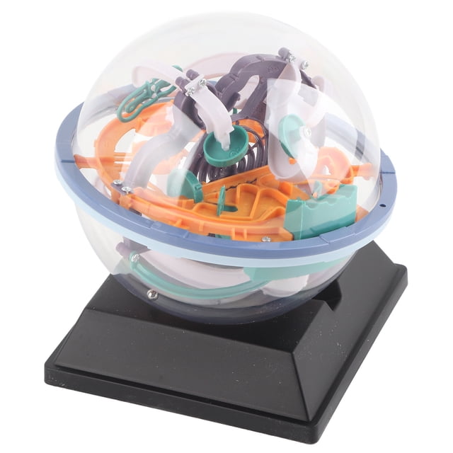 D Gravity Maze Ball by Vobor-CA, a 3D gravity maze puzzle game featuring a transparent plastic sphere with a streamlined design. The interior showcases a colourful labyrinth of orange, green, and purple tracks, mounted on a black base.