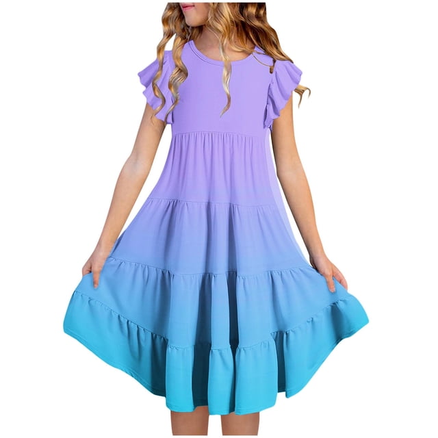 RXIRUCGD 2025 Vêtements d'Été pour Enfants Mode Filles Nouvelle Robe d'Été à Manches Courtes Poches à Volants Col Rond Imprimé