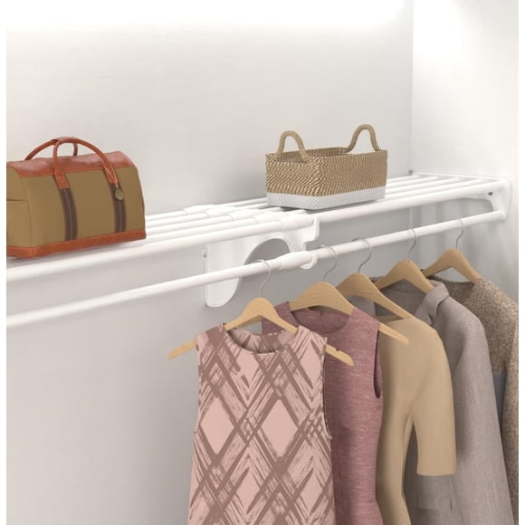 EZ Shelf - Closet Shelf with Hanging Rod - 17.5 -27 Expandable White Closet Shelves - Strong Holds 150 lbs - DIY Easy Install - to 2 Side Walls - Alternative to Wire Shelving