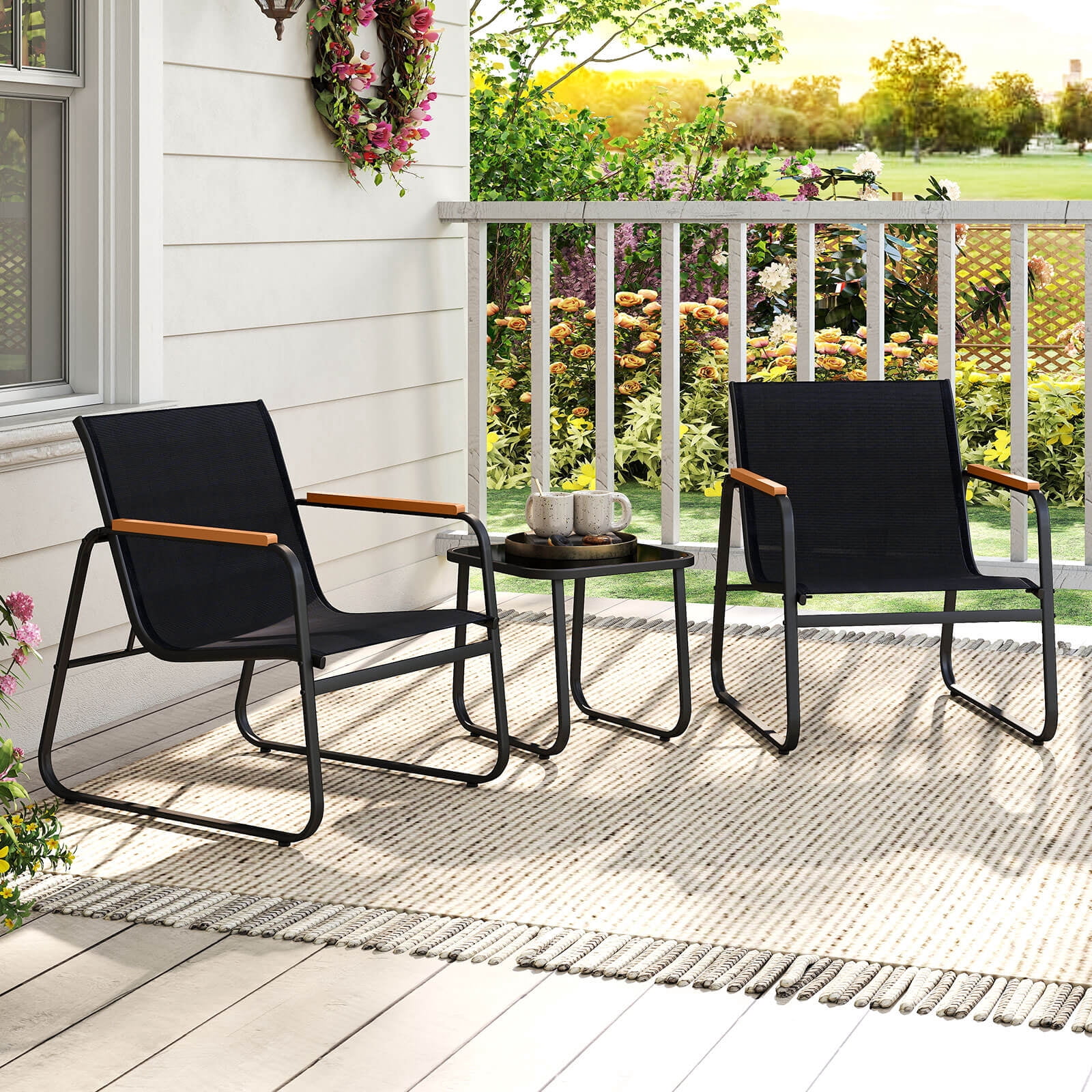Costway 3 PCS Patio Bistro Set with Cushions & Tempered Glass Coffee Table for Balcony, Lawn