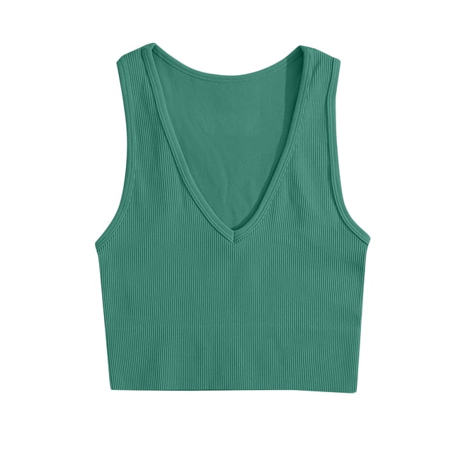 AherBiu Camisole Tops for Women Summer V Neck Low Cut Ribbed Knitted Slim Fitting Stretchy Solid Color Cropped Tank Tops