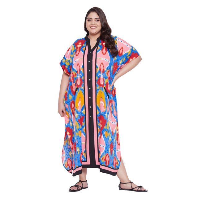 Oussum Robe Caftan Boutonnée pour Femme Longue Ajustable d'Été Maxi avec Poche
