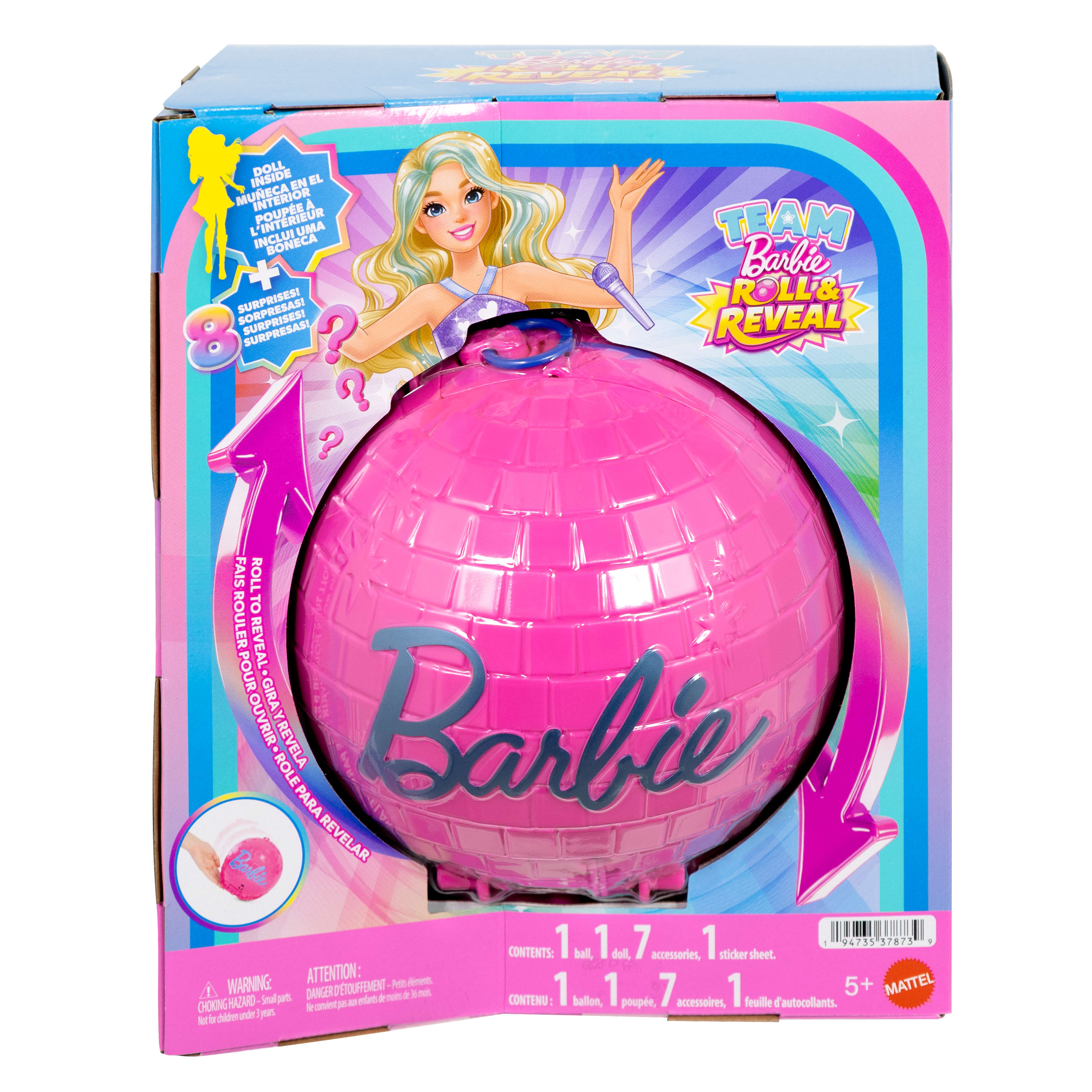 Barbie Team Roll and Reveal Poupée et accessoires Barbie Vedette pop, poupée mode blonde, 8 surprises et boîtier en forme de boule disco