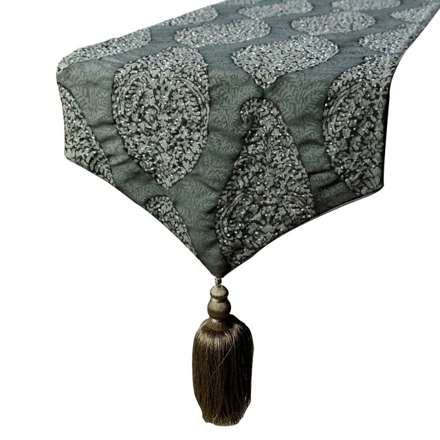 Le chemin de table décoratif HomeCentric 14 '' x 36 '' perlé & glands soie Paisley modèle contemporain - Paisley céleste