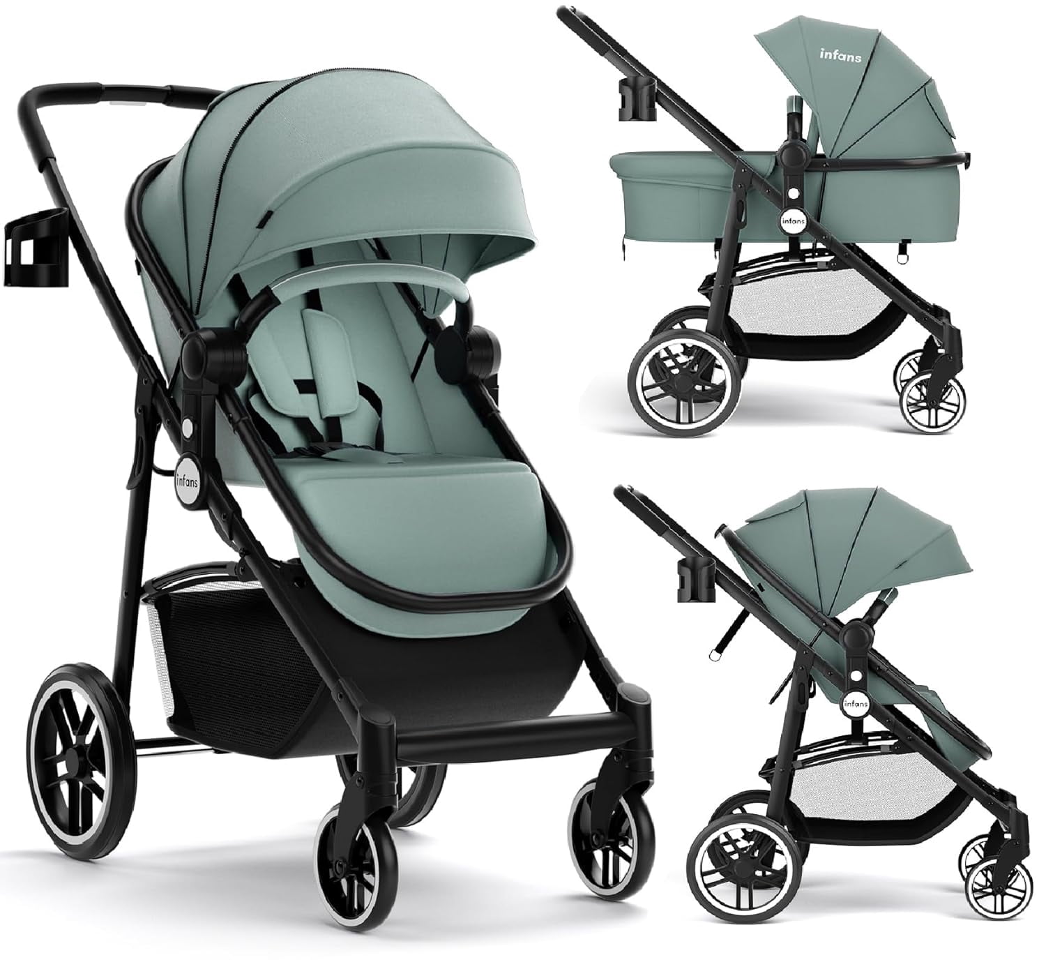 INFANS 2 in 1 Baby Stroller, High Landscape Infant Stroller and Reversible Bassinet Pram, Foldable Pushchair with Adjustable Canopy, Cup Holder, Storage Basket, Suspension Wheels (Green)