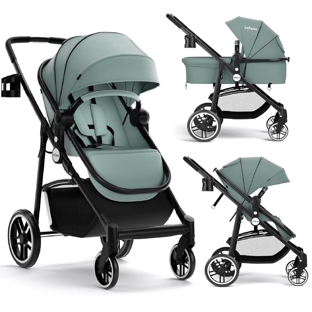 INFANS Poussette pour Bébé 2 en 1 Verte, Conçue comme une Poussette à Assise Haute avec Landau Réversible. Comprend un Auvent Ajustable avec une Visière, un design Pliable et une Main Courante Détachable. la Poussette a des Roues avant Pivotantes à 360 Degrés, des Roues Arrière Verrouillables et un Système de suspension pour des Promenades Fluides. Comprend un Harnais de Sécurité à Cinq Points, un Panier de Rangement sous le Siège et un Porte-Gobelet. Convient aux Nourrissons de 0 à 36 Mois, avec une Capacité de Charge de 33 Lb.