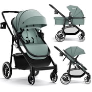 INFANS 2 in 1 Baby Stroller, High Landscape Infant Stroller and Reversible Bassinet Pram, Foldable Pushchair with Adjustable Canopy, Cup Holder, Storage Basket, Suspension Wheels (Green)