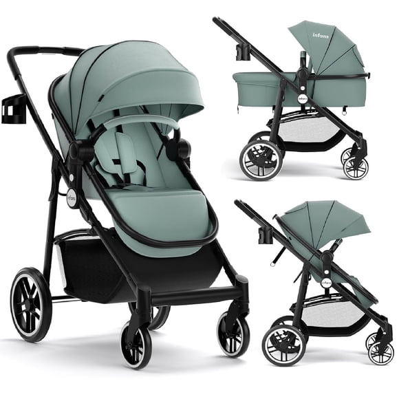 INFANS 2 in 1 Baby Stroller, High Landscape Infant Stroller and Reversible Bassinet Pram, Foldable Pushchair with Adjustable Canopy, Cup Holder, Storage Basket, Suspension Wheels (Green)