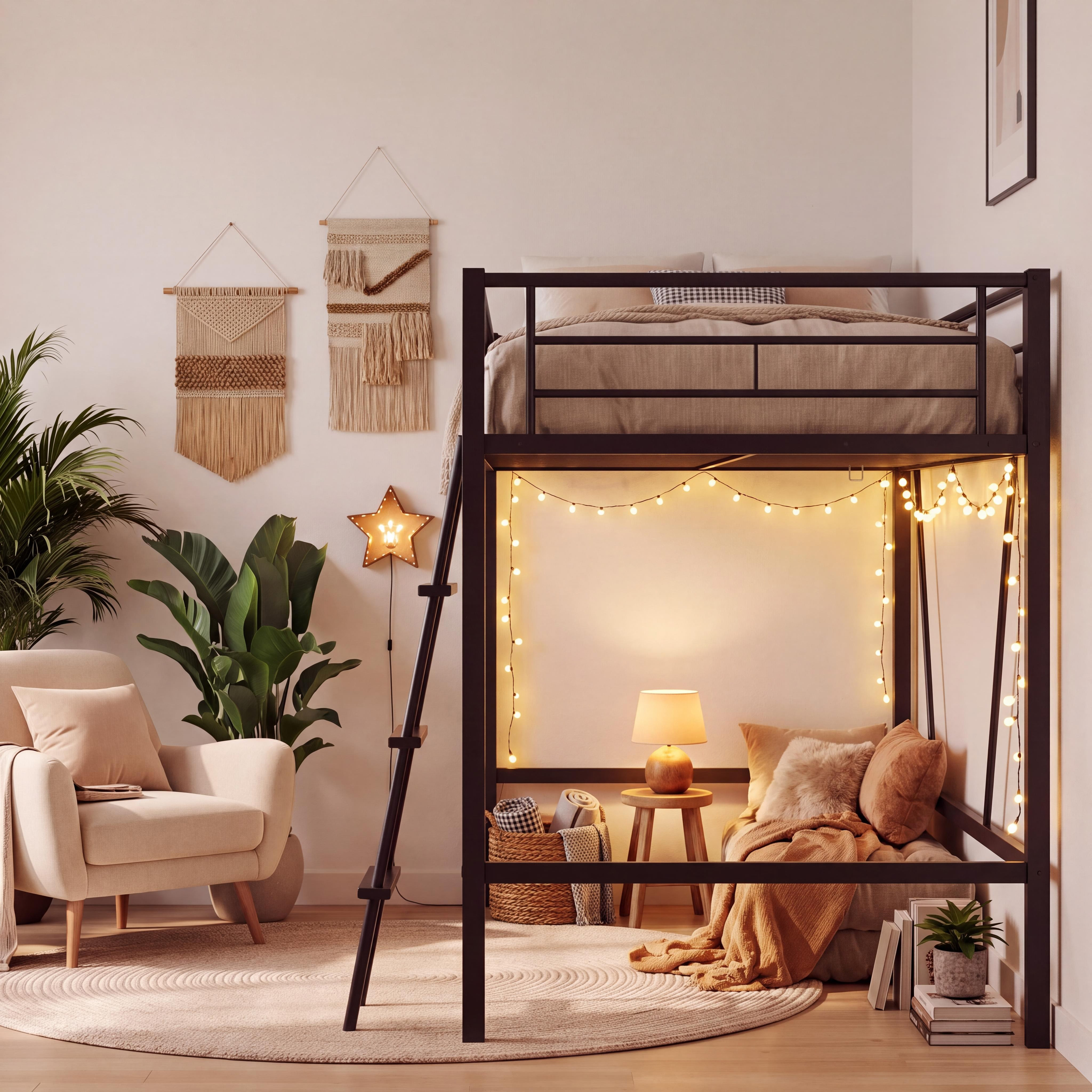 Noble House Metal Twin Loft Bed Frame,Heavy Duty Steel with Removable Ladder & Full Guardrail,Under-Bed Space No Box Spring,Black