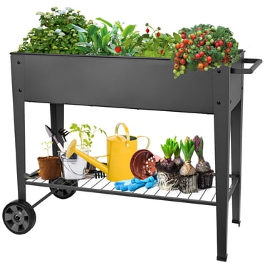 Metal Raised Garden Bed, 39"L x 15"W x 35"H Outdoor Elevated Planter Box on Wheels with Drain Hole and Storage Shelf, Garden Bed Cart for Vegetables Flower Tomato Herb Plant