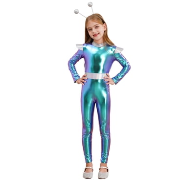 Yanarno Costume d'Halloween pour Filles Enfants Alien Holographique Combinaison Longue avec Serre-Tête Costume de Cosplay Alien Bleu 10