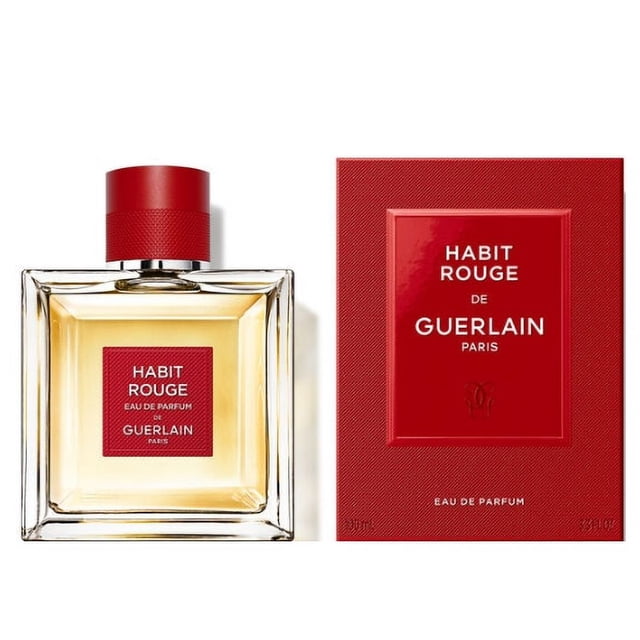 Guerlain Habit Rouge De Guerlain Paris EDP For Him, 100 ml / 3.3 Fl. oz., a men's fragrance in a clear glass bottle with a red label and textured red cap, paired with its bold red packaging featuring embossed branding.