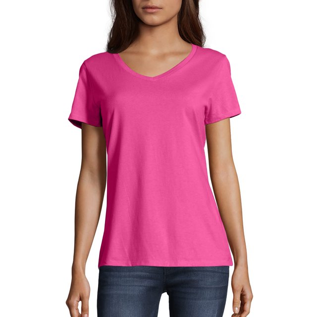 Hanes Tee-Shirt Premium en Coton Col en V pour Femmes, Rose Wow, Petit