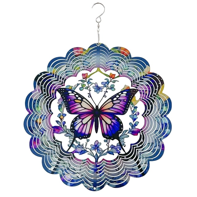 Meitianfacai Style Décorations Rotatives pour l'Extérieur Cour Jardin Décorations Papillons Coqs Hiboux Wind Chimes Rotatives. Ce Carillon Éolien Présente un design de Papillon vibrant avec des Motifs Floraux Complexes, Fabriqué en Acier Inoxydable avec une Finition Effet Peinture Givrée. les Bords Festonnés et l'Impression Colorée Créent un Effet Visuel Captivant Lorsqu'il Tourne dans le Vent. Équipé d'Un Crochet en S Rotatif à 360 Degrés pour une Suspension et une Personnalisation Faciles, Il Convient aux Espaces Extérieurs comme les Jardins, patios et Cours Arrière