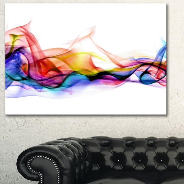 Design Art Abstract Smoke Contemporary Artwork Canvas Print with vibrant multicolored smoke patterns in red, yellow, blue, and purple on a white gallery-wrapped cotton canvas, ready to hang above a black tufted leather sofa in a modern living space, suitable for adding dynamic colour to home or office walls