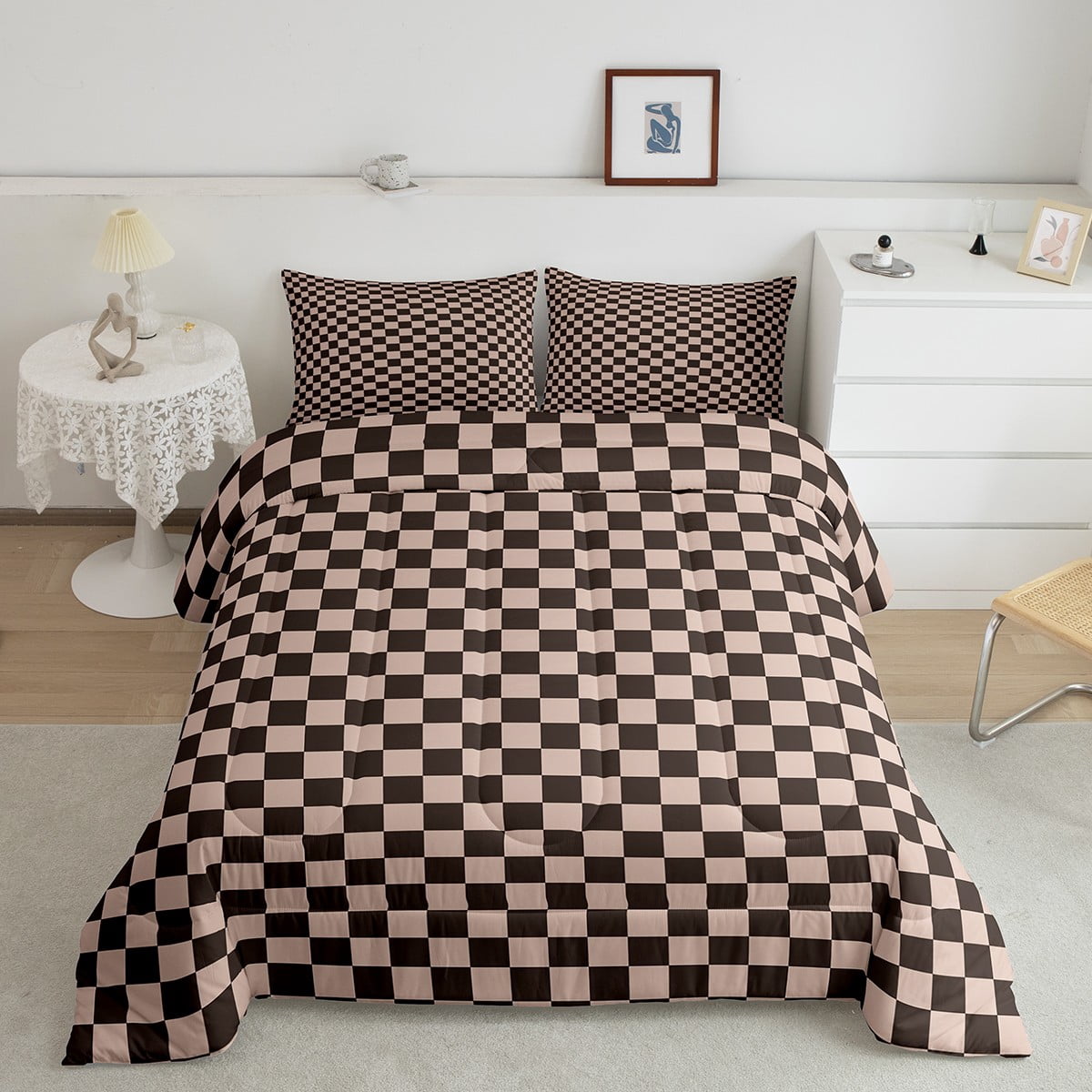 Erosebridal Checkered Gingham Bedding Sets Twin with Comforter, Colorful Duvet Insert, Rectangle Geometry Decor, 2-Piece