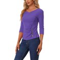 thumbnail image 4 of INSPIRE CHIC Women's V Neck 3/4 Sleeves Solid Knitted Buttons Decor Ruched Top Violet XL, 4 of 5