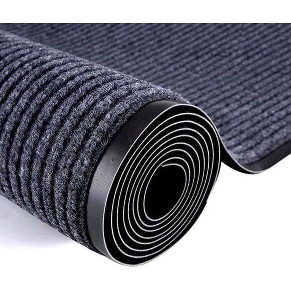 3x16.4ft Indoor Outdoor Door Mat Commercial Runner Area Rug Double Stripes Industrial Carpet Runners Waterproof Floor Mat with Non-Slip PVC Backing for Hallway Patio Hotel Home Entrance Grey