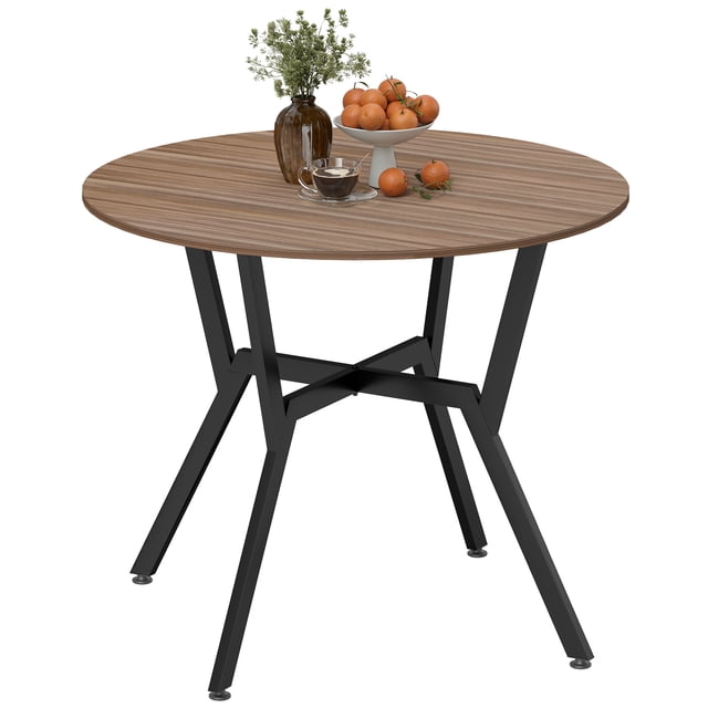 HOMCOM Dining Table Round Kitchen Table with a brown wood grain tabletop and black steel frame. Features a spacious round surface, tilted legs with an 'X' shaped support design, and anti-slip foot pads for stability. Ideal for small dining spaces or kitchens, accommodating up to two people. Dimensions: 35.4 inches in diameter and 29.9 inches in height.