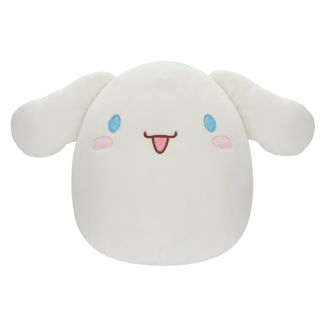 Squishmallows Original Sanrio 8-Inch Cinnamoroll plush with a white rounded body, floppy ears, embroidered blue eyes, pink cheeks, and a smiling mouth with tongue, made from ultrasoft material suitable for cuddling and comforting.