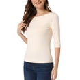 thumbnail image 4 of INSPIRE CHIC Hauts pour Femmes Manches au Coude Encolure Bateau Coupe Ajustée T-Shirt Classique Décontracté m Beige, 4 of 6