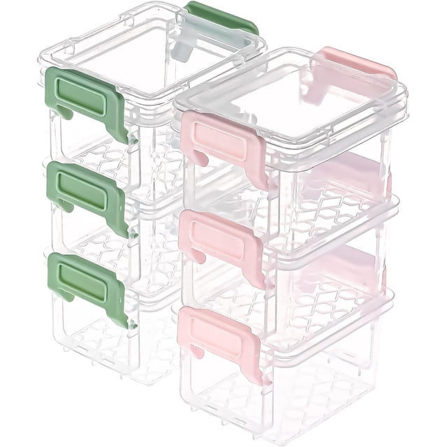 HAHDAXIA 6 Packs Small Storage Bins with Lids, mini stackable plastic containers with clear bodies and colorful latch lids in green and pink. Each bin measures 13.5 x 8.5 x 5.5cm, perfect for organizing crafts, beads, jewelry, and small office supplies. Durable, space-saving design for home and office storage.