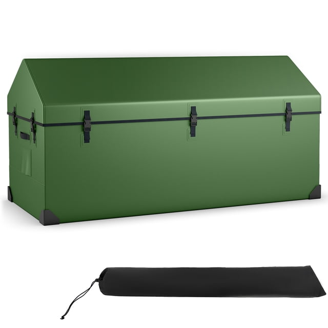 Gymax Coffre à Outils d'Extérieur de 174 Gallons pour Terrasse avec surface en PVC Verte, Connecteurs Renforcés et Protecteurs d'Angle. Comprend un Dessus en Pente pour Prévenir l'Accumulation d'Eau, des Évents en Maille Respirante et des Poignées Latérales Pratiques pour la Portabilité. Idéal pour les Piscines, les patios et les Sorties de camping.