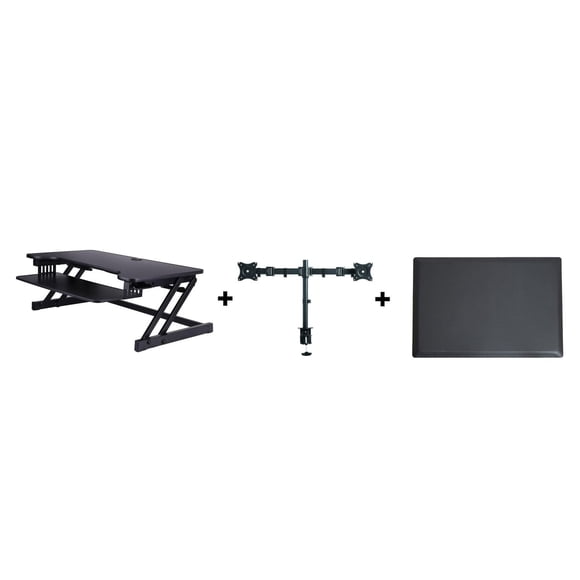 Rocelco 37,5 "Convertisseur de bureau debout réglable en hauteur de luxe avec support pour double moniteur et tapis anti-fatigue BUNDLE - Riser de poste de travail pour ordinateur assis-debout - Plate