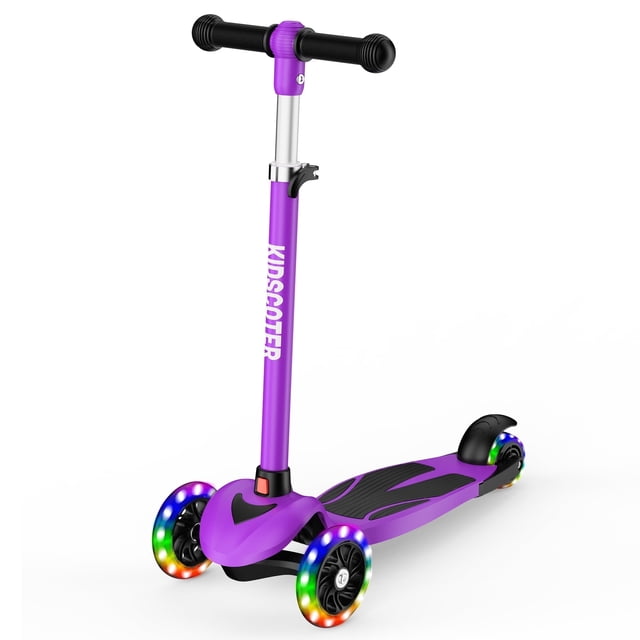 Trottinette 2-en-1 pour Enfants de 3 à 12 Ans, Trottinette à 3 Roues à Inclinaison pour Diriger avec Roues à DEL Lumineuses, Guidon Ajustable, Pliable et Détachable pour Garçons et Filles, Violet