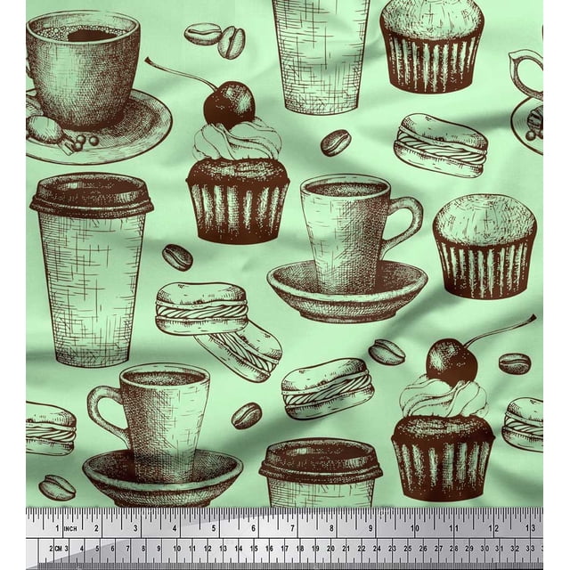 Soimoi polyester Crepe Fabric Burger,Cupcake & Cups Printed Fabric 1 Yard 52 Inch Wide