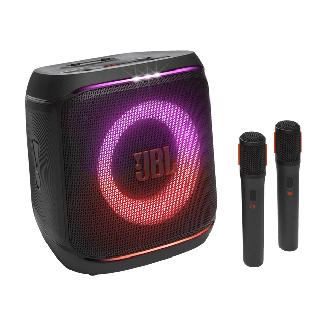 JBL Partybox Encore 2 portable party speaker with 2 wireless microphones, featuring a black compact cube design with a front grille illuminated by a circular RGB light show in pink and orange hues and the JBL logo at center, designed for DJ and karaoke use with adjustable sound controls, splash-proof build, and ergonomic handle.