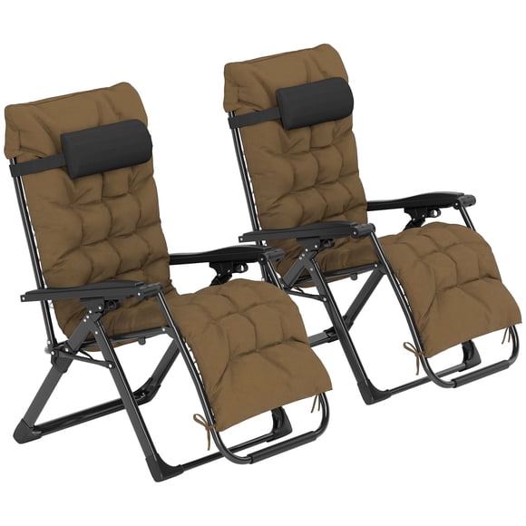 Set of 2 Folding Zero Gravity Garden Chairs, Reclining Sun Lounger with Adjustable Backrest, Khaki Texteline Fabric and Padded Cushion for Patio, Poolside, Deck and Balcony