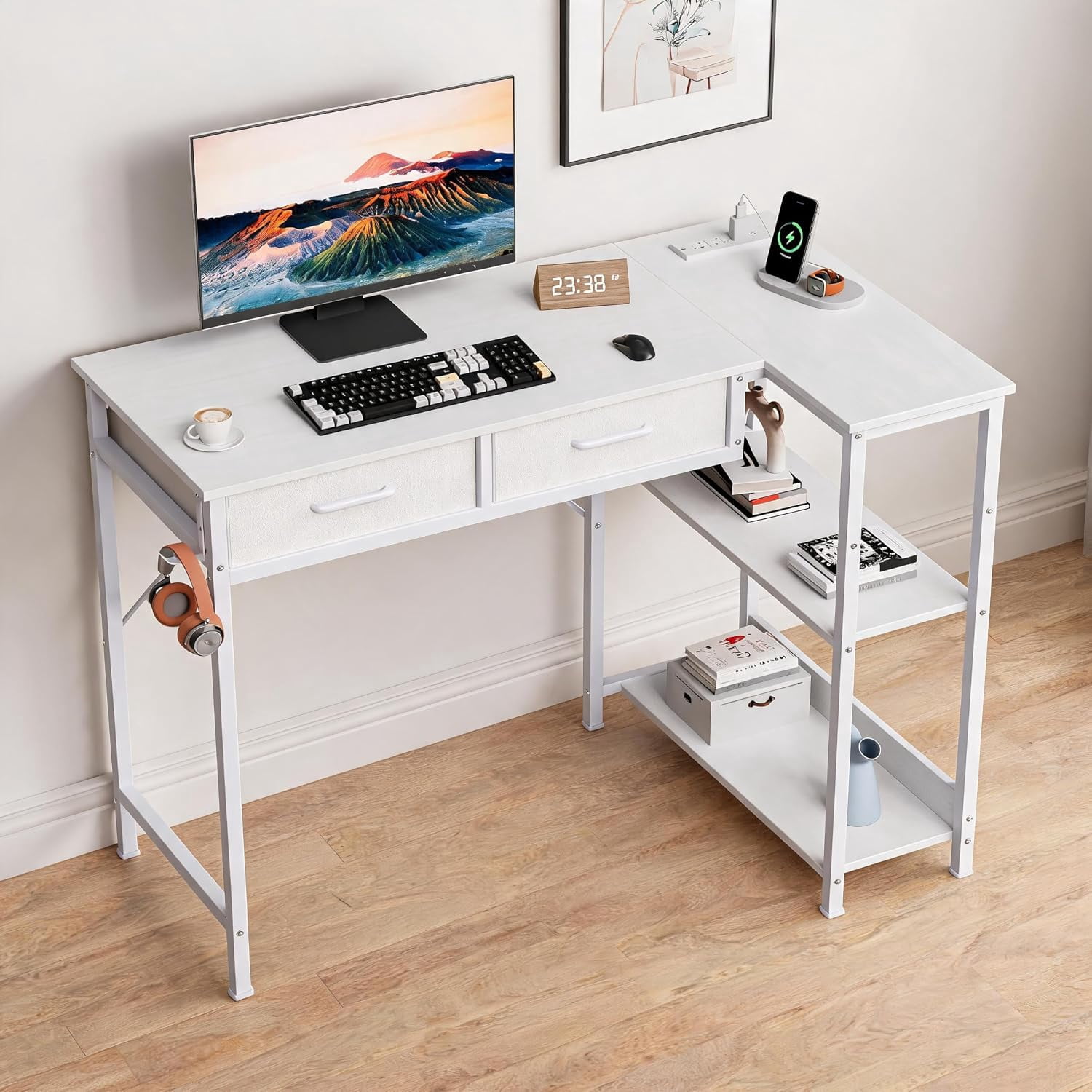 Layered Computer Desk L Shaped Computer Desk with 2 Drawers, Storage Shelves & Charging ...