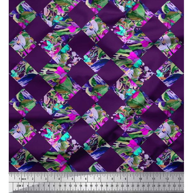 Soimoi Velvet Fabric Artistic Floral & Check Geometric Printed Craft Fabric by The Yard 58 Inch Wide
