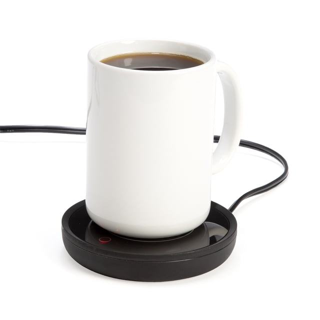 Primula Chauffe-tasse Gravité Électrique avec une Tasse en Céramique Blanche Remplie de Café Noir sur une base Chauffante Circulaire Noire Compacte avec un Témoin Lumineux Activé par la Gravité et un Cordon d'Alimentation, Conçu pour un Petit Appareil pour Garder les Boissons Chaudes.