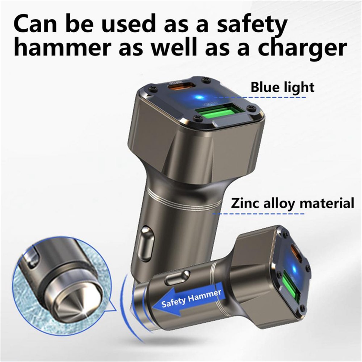 Car Charger USB C 30W Phone Car Charger with Safety Hammer Design USB Car Adapter Multi-Function Car Charger Adapter