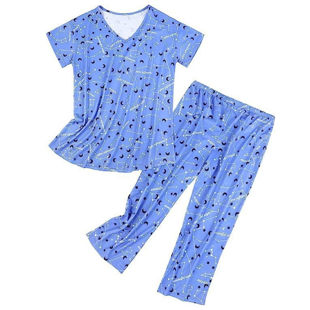 Yoodem Pyjamas pour Femmes Ensembles de Pj pour Femme Été Col Rond Ensemble Pyjamas Manches Courtes Pantalon Long Ensemble de Pyjama Ensembles de Pyjamas pour Dames Ensembles de Détente pour Femmes Z Bleu P