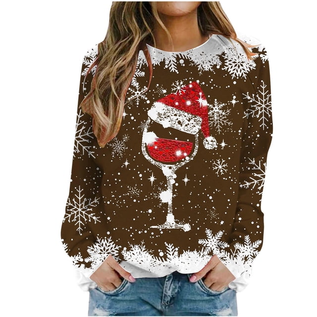 Besolor Chandail à Col Rond de Noël pour Femmes, Imprimé de Verre de Vin, Manches Longues, Chandails Mode, Hauts Graphiques Flocon de Neige