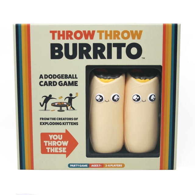 Throw Throw Burrito family-friendly party game box showing two soft foam burritos with cartoon faces inside a beige box with colorful stripes, designed for 2-6 players ages 7 and up, combining dodgeball and card game elements for kids and family fun.