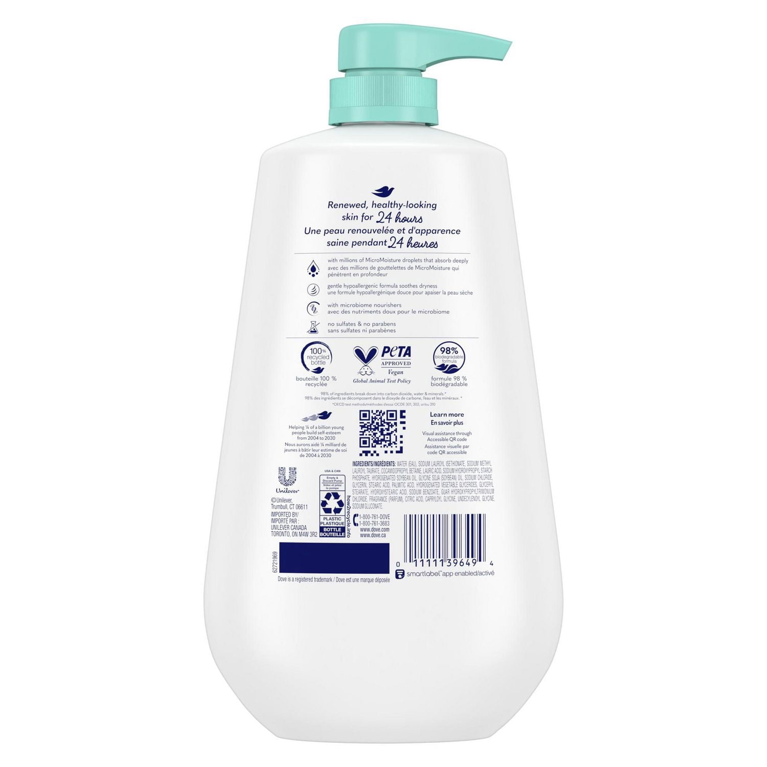 Dove Nettoyant Corporel Hypoallergénique Peau Sensible Hydratant, 905 ml